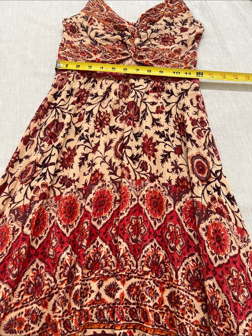 🌞 Angie Bohemian Peach & Burgundy Floral Print spagetti strin maxi dress women S - Picture 6 of 16